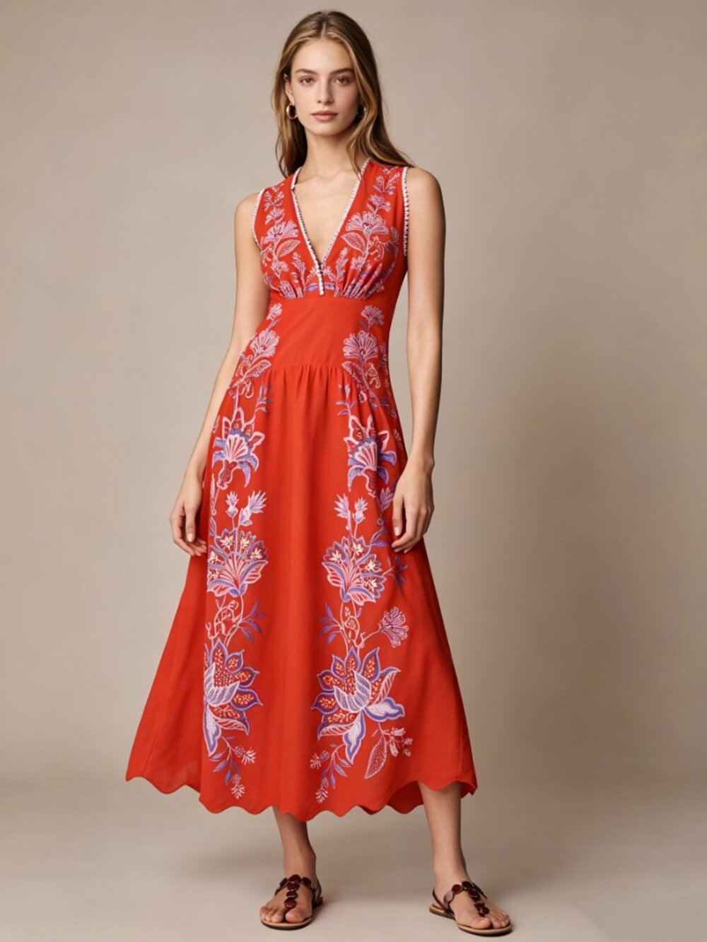 NWOT Farm Rio Porcelain Garden Red Linen Midi Dress Size XL